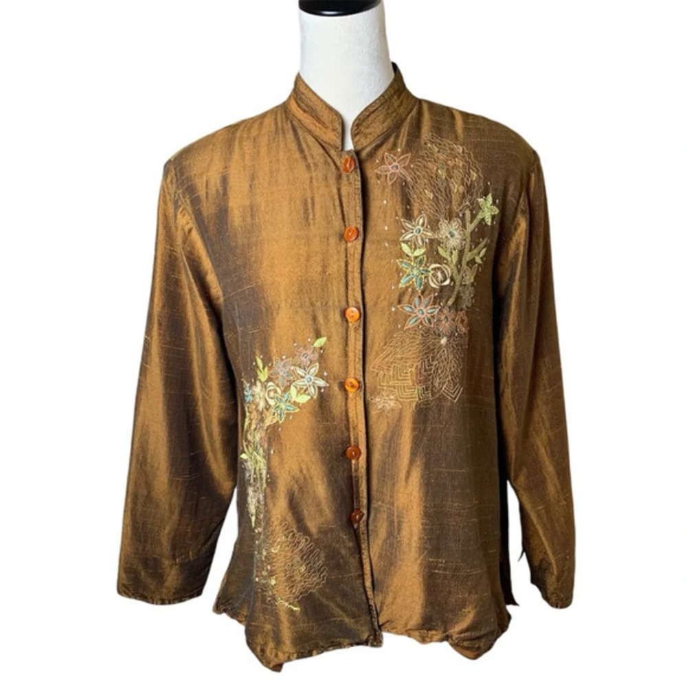 Vintage Coldwater Creek Silk Dupioni Embroidered Mandarin Collar‎ Jacket Artsy